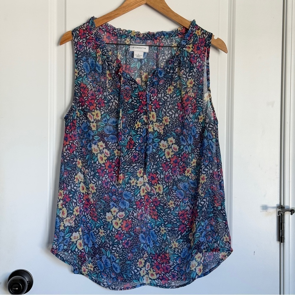 Liz Claiborne Madison Blue Multi Henley Ruffle Tank Women Size L